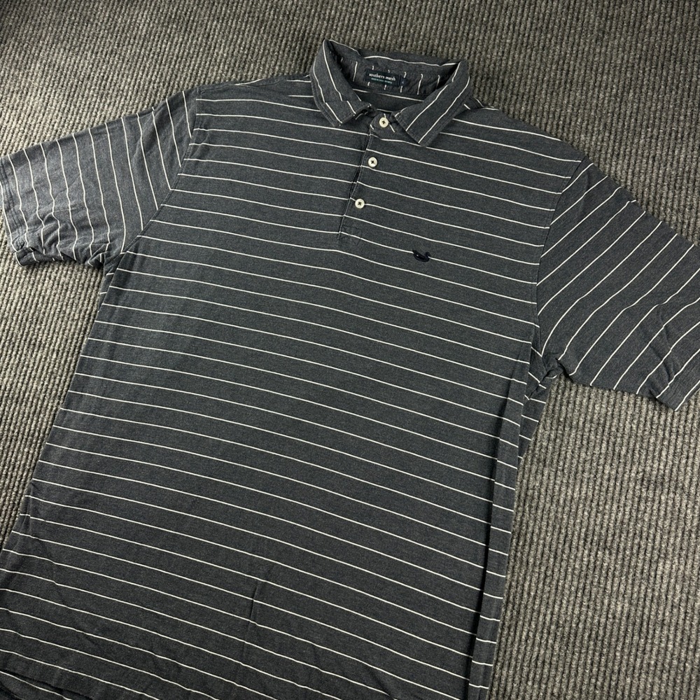 Southern Marsh Mens XL Polo Shirt Gray White Striped Short Sleeve Mallard Logo